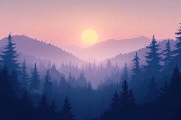Obraz premium Serene Sunset Over Misty Mountain Forest Landscape