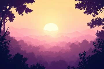 Serene Sunrise Over Misty Mountain Forest Landscape