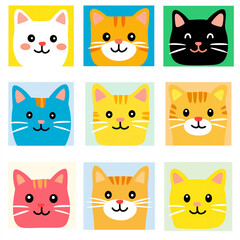 Colorful grid of cartoon cat faces with different expressions on a white background. Ideal for playful, creative, or fun designs with copy space.