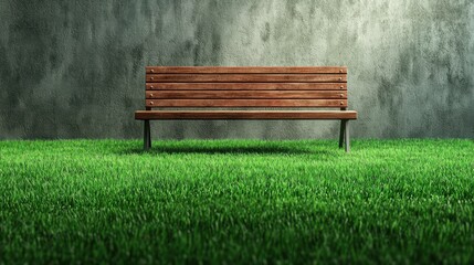 Fototapeta premium Single Wooden Bench Surrounded by Clean Green Lawn Against Textured Gray Wall in Outdoor Setting