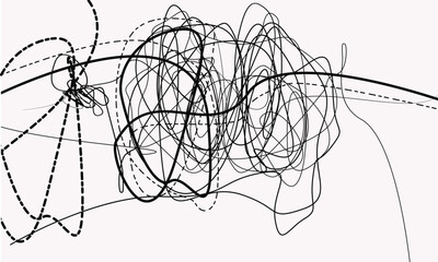 Grunge Random Chaotic Pen Doodle Strokes, Abstract black and white background. Ink scribble textures as card. Hand drawn illustration print. Abstract light trails painting. Pencil drawing strokes.eps