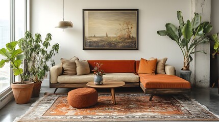 Modern living room design with cozy sofa urban apartment interior