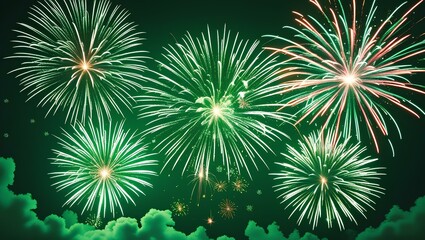 Fototapeta premium Night sky filled with vibrant green and white fireworks, creating a stunning visual spectacle against the darkness