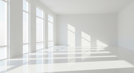 Obraz premium Bright Minimalist Room Sunlight White Walls Large Windows Modern Interior Design