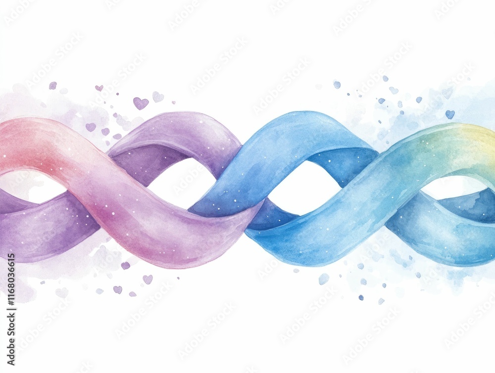 Poster elegant and ethereal watercolor style border design featuring intertwined ribbons and heart shapes a