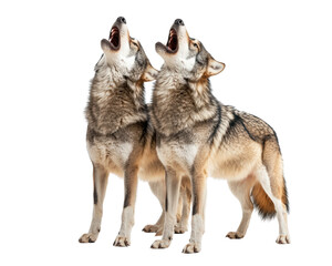 Obraz premium Howling wolves in dramatic pose, showcasing their powerful presence and natural behavior. These majestic animals evoke sense of wilderness and freedom