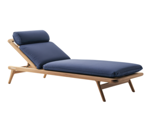 Modern lounge chair with wooden frame and navy blue cushions, perfect for relaxation and comfort in any setting. Ideal for indoor or outdoor use