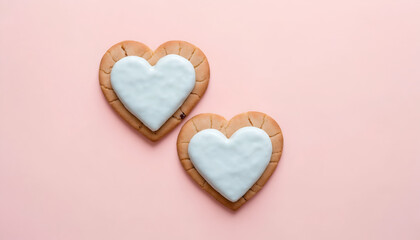 Heart-Shaped Cookies on a White Table, This image features a collection of heart-shaped cookies with pink frosting,