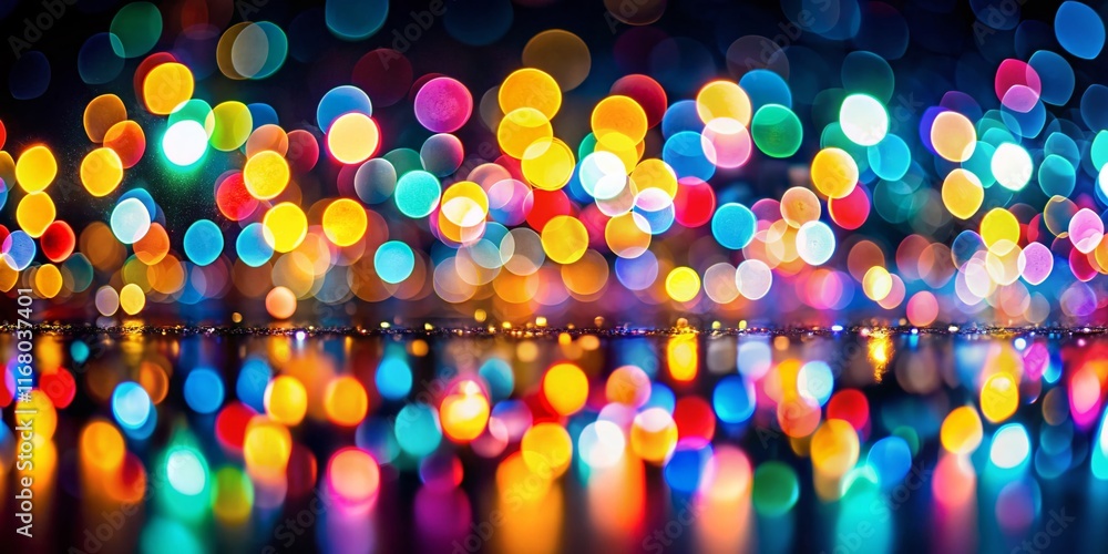 Wall mural Abstract Colorful Bokeh Lights, Minimalist Black Background Stock Photo