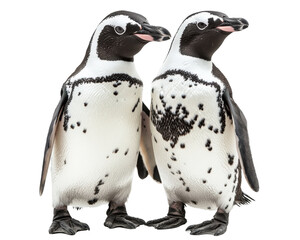 Fototapeta premium Penguins standing together, showcasing their distinctive black and white feathers and playful demeanor. These charming birds are often found in cold climates, captivating onlookers