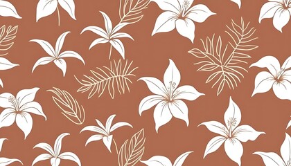 White lilies and palm leaves on brown background