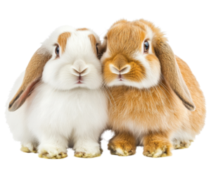 Fluffy rabbits, one white and one orange, sit close together, showcasing their adorable features and soft fur. Their playful expressions evoke warmth and joy