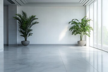 Blank posters in an empty white office hall with blurred surroundings 