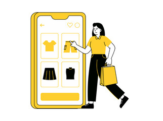 Online Shopping on Smartphone Girl Holding Yellow Shopping Bag