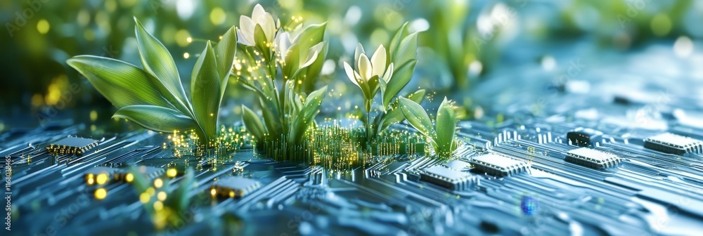 Poster cyber spring wonderland: 3d rendering of nature with futuristic tech twist