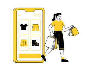 Online Shopping on Smartphone Girl in Yellow T-shirt Holding Four Shopping Bags