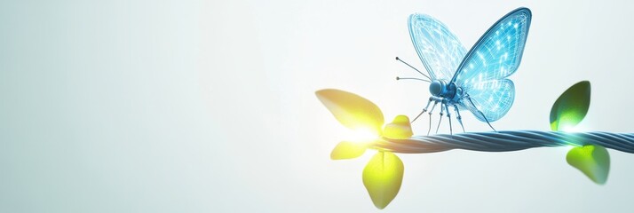 Futuristic Robotic Butterfly on Glowing Network Cable with Green Shoots - Cartoon Style Concept in Minimalist Setting