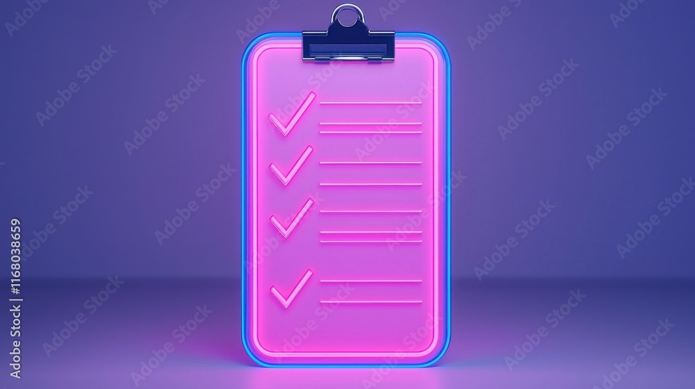 Poster 2025 goals setting with vision and strategy. neon clipboard with checkmarks glowing against a colorf