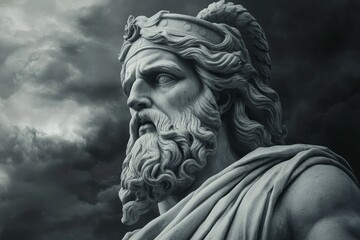 Stone king statue, stormy sky backdrop.