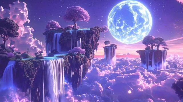 A surreal dreamscape with floating islands, waterfalls cascading from the sky, and a giant moon in the background.