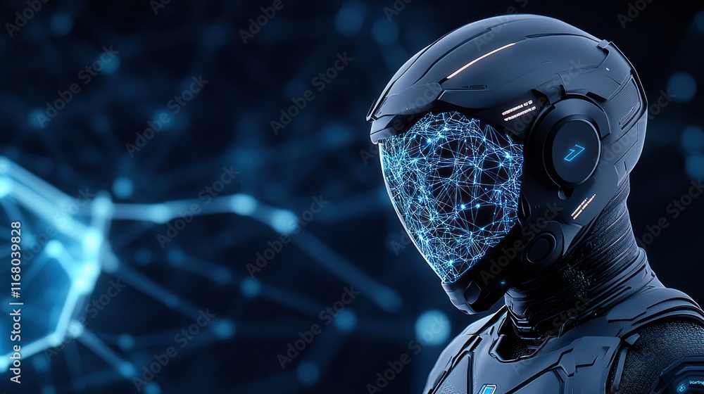 Aufkleber futuristic robotic figure with a digital mesh face and tech background.