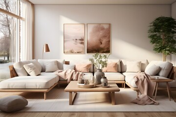 Scandinavian interior design, living room, bedroom, dining room, kitchen and laundry room, day mood