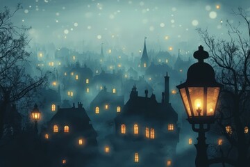 A Misty Nighttime Town With Glowing Windows