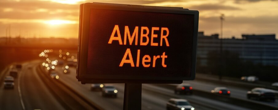 AMBER alert system. Amber Alert sign on highway at sunset with traffic in background.
