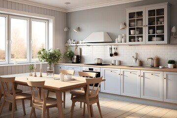 Scandinavian interior design, living room, bedroom, dining room, kitchen and laundry room, day mood