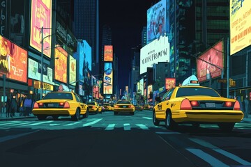 Nighttime City Street Scene with Yellow Taxis and Bright Lights