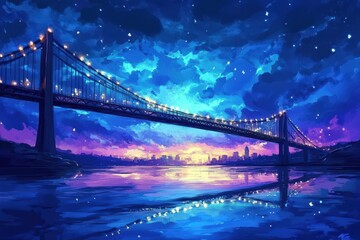 Obraz premium Illuminated Bridge Spanning Cityscape Under Starlit Sky