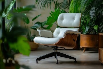 Cozy home office with a white leather chair and a blurred background of the office setup 