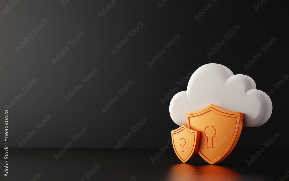 Poster cloud storage concept. cloud-based data protection solution, radiant shields and glowing encryption 