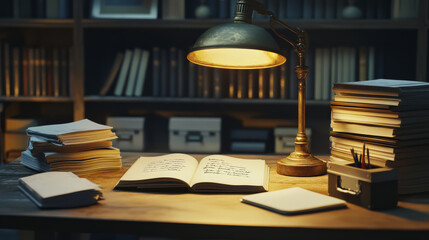 warm glow from illuminated desk lamp highlights open book surrounded by stacks of papers and stationery, creating cozy study atmosphere