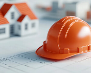 Construction helmet on blueprint with miniature houses.