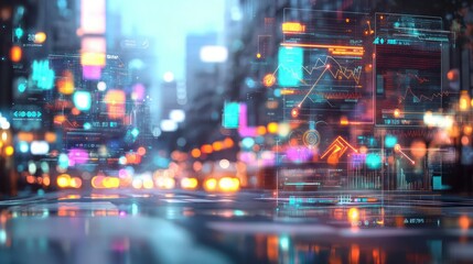 Obraz premium A high-tech city scene with blurred bokeh lights and layered digital HUD visuals showing glowing lines, charts, and futuristic arrows.