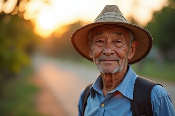 Fototapeta premium Elderly Man in Straw Hat at Sunset: Perfect for Retirement, Travel, and Adventure Themes