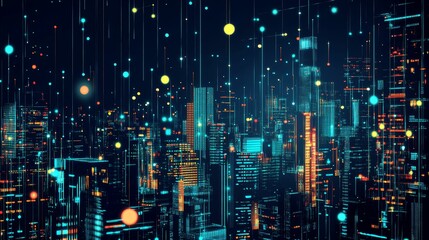 Neon cityscape, glowing lines, digital data streams.