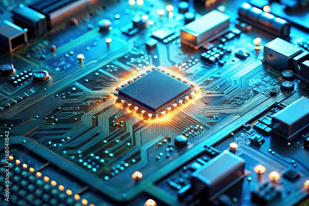 Poster abstract tech image: vibrant blue illuminates a close-up of complex electronic components on a circu