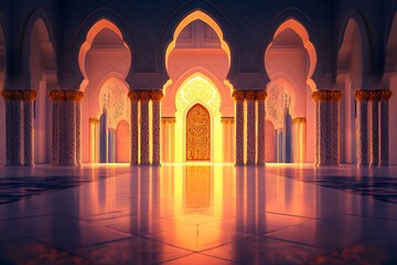 Illuminated Mosque Interior Golden Door Arches