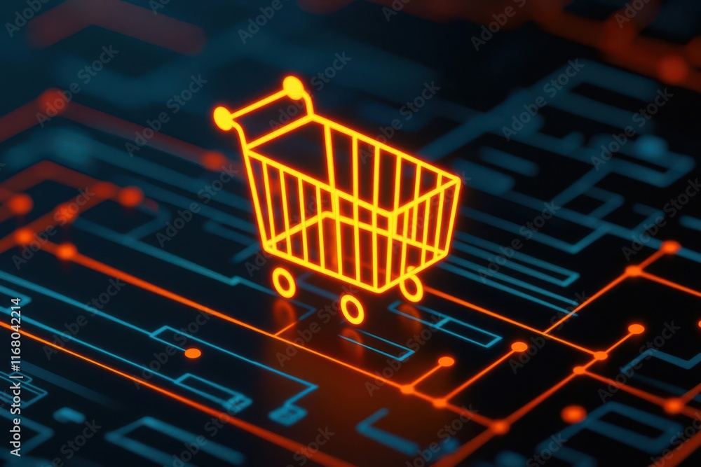 Poster ai and consumer behavior. a calming depiction of glowing consumer journeys across e-commerce touchpo