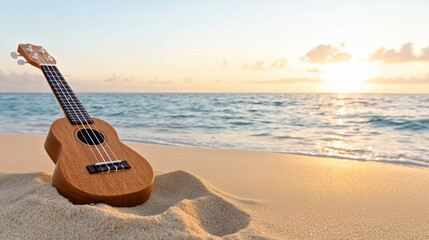 peaceful beach scene with ukulele resting on sand at sunset