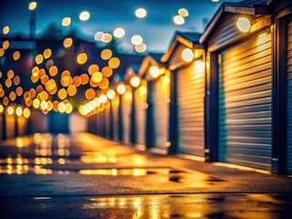 Bokeh-filled night photography captures a glowing cityscape reflected in a car garage's parked vehicles.