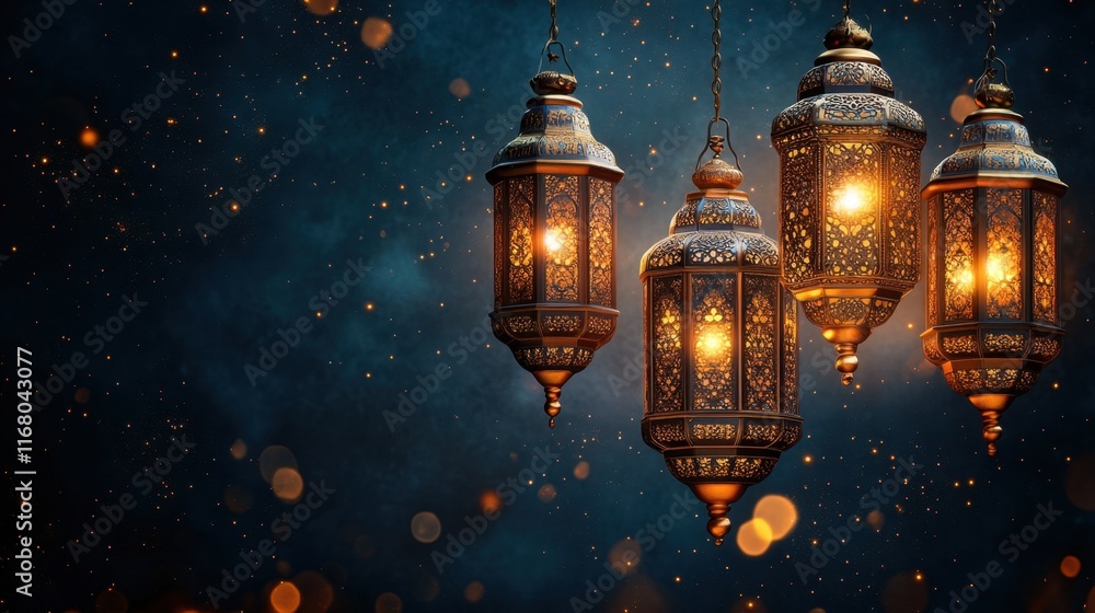 Poster elegant hanging lanterns glow softly against a dark blue backdrop, creating a warm and inviting ambi