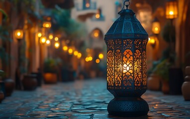 Illuminated lantern on cobblestone street at night.