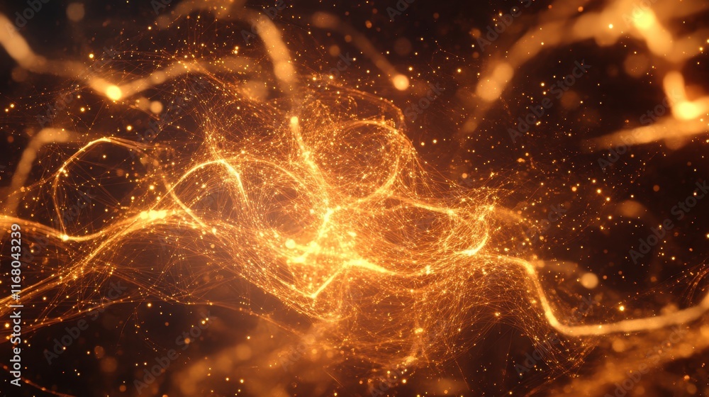 Poster a mesmerizing abstract image featuring glowing golden streaks and particles against a dark backgroun