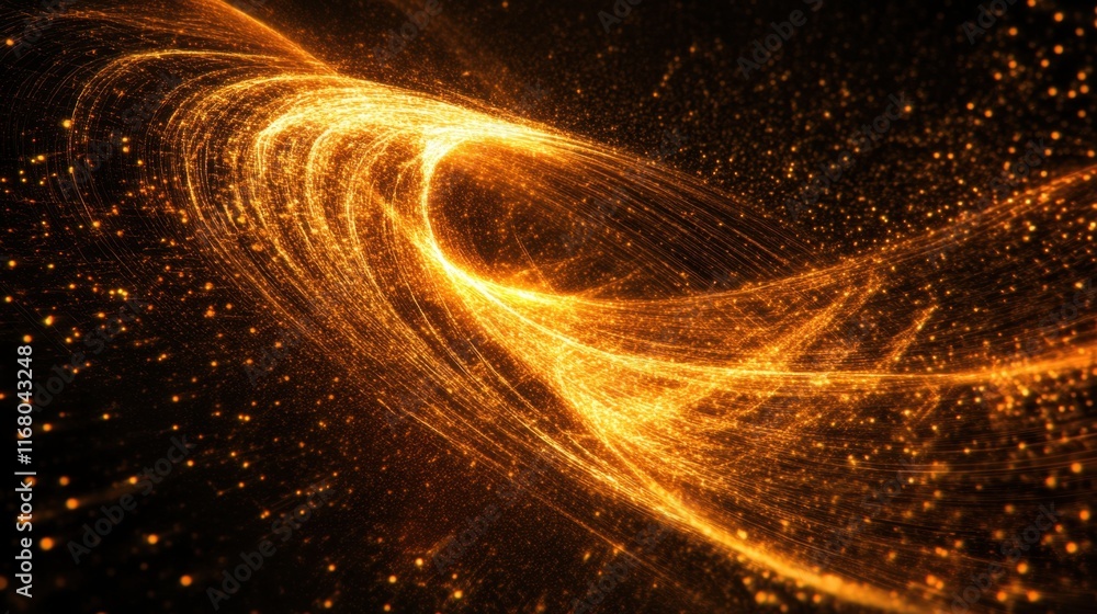 Poster a mesmerizing swirl of golden light particles creating a dynamic, cosmic effect against a dark backg