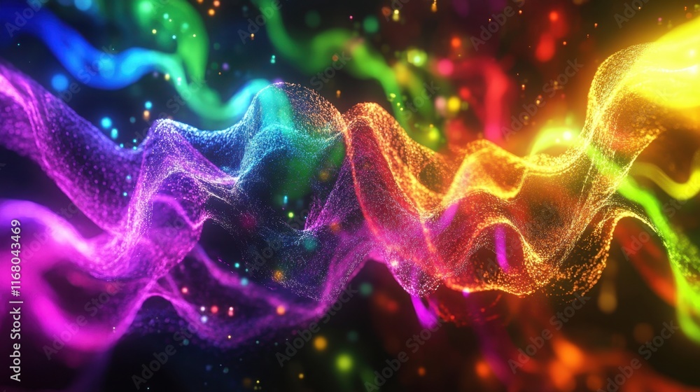Poster a vibrant, colorful abstract design featuring glowing waves in various hues, creating a dynamic and 