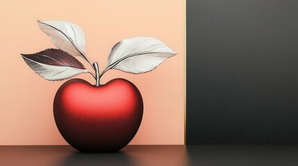 A modern apple rendered in smooth matte red, with metallic silver leaves featuring fine detailing, attached to a slender dark stem.