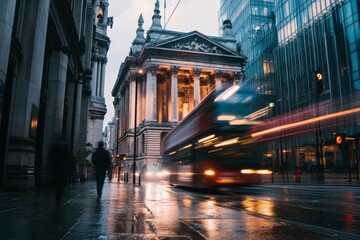 Wet city street, blurred bus, classical building.